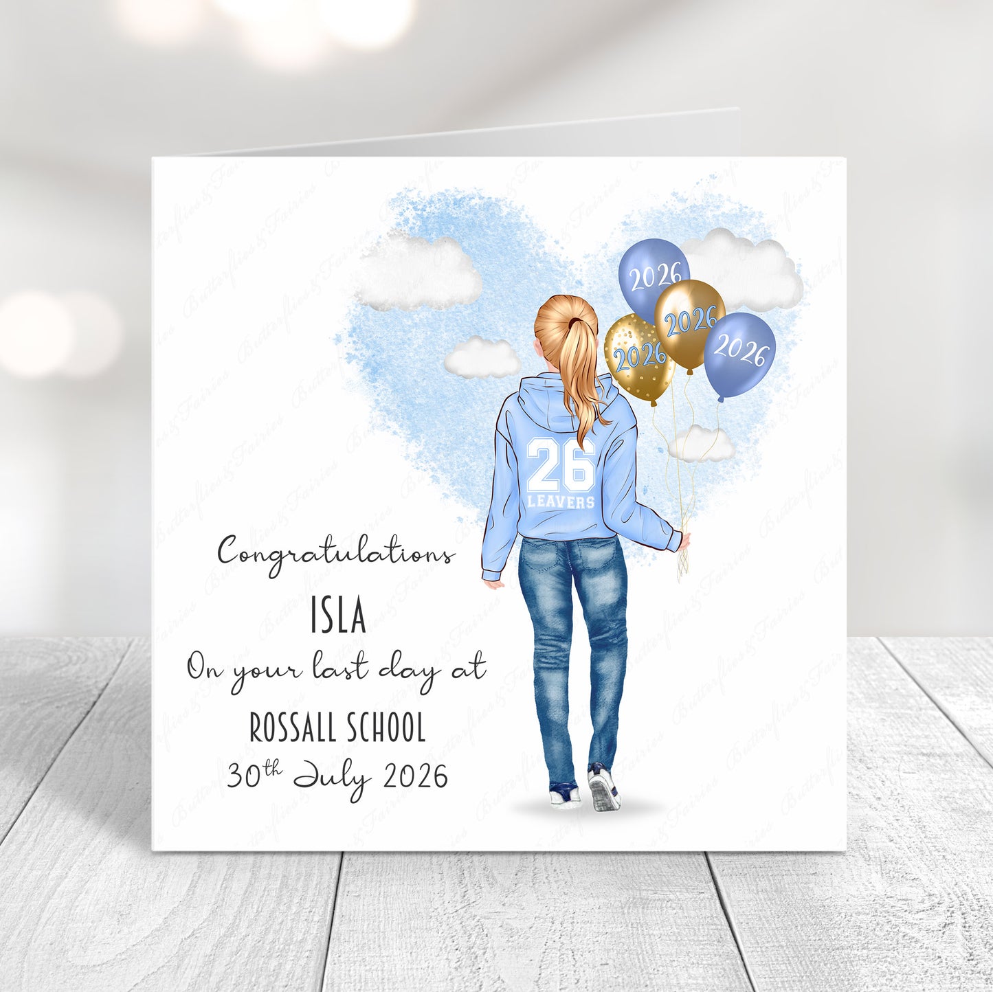 Personalised School Leaver Card 2026 – Girl with Baby Blue Leavers Hoodie | Last Day of School Card