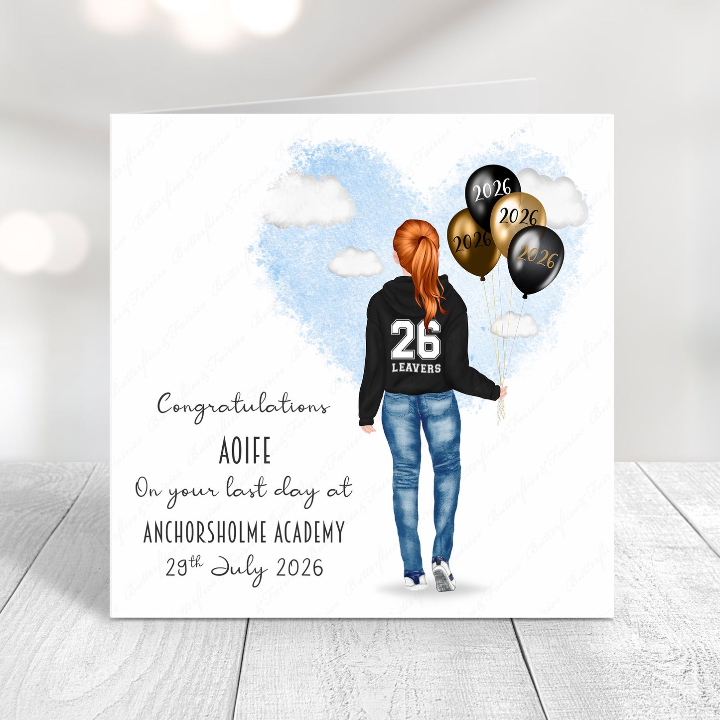 Personalised School Leaver Card 2026 – Girl with Black Leavers Hoodie | Last Day of School Card