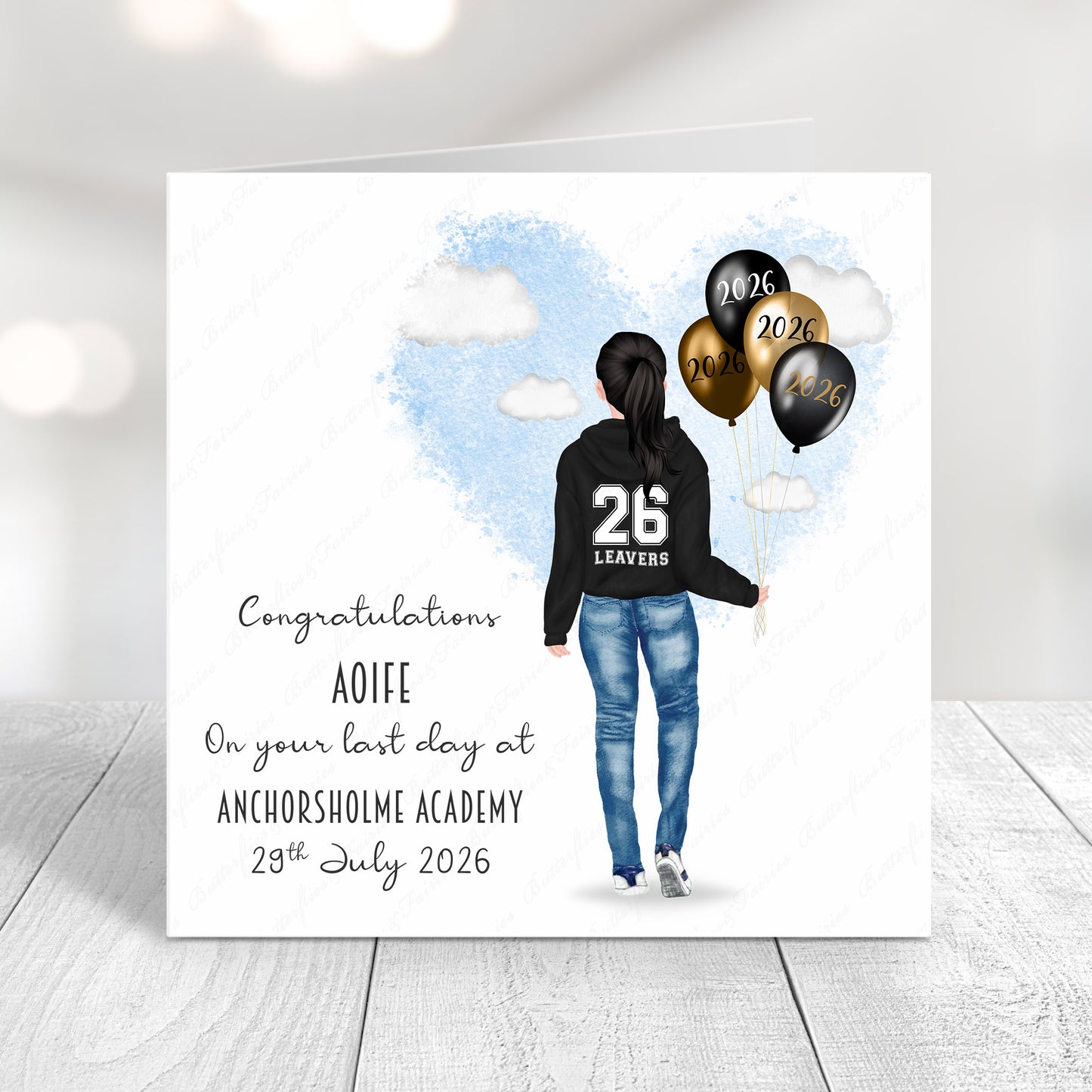 Personalised School Leaver Card 2026 – Girl with Black Leavers Hoodie | Last Day of School Card