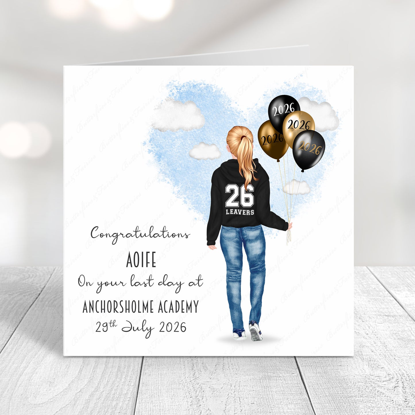 Personalised School Leaver Card 2026 – Girl with Black Leavers Hoodie | Last Day of School Card