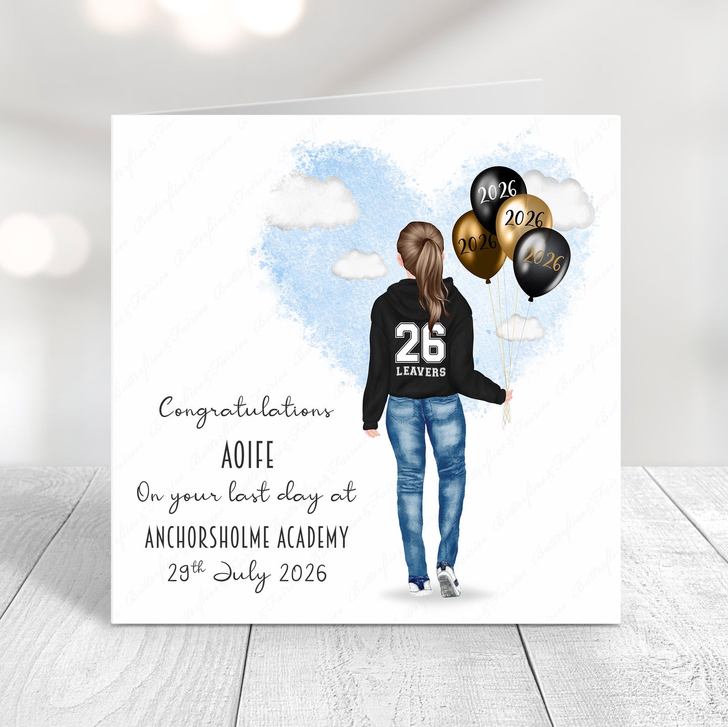 Personalised School Leaver Card 2026 – Girl with Black Leavers Hoodie | Last Day of School Card