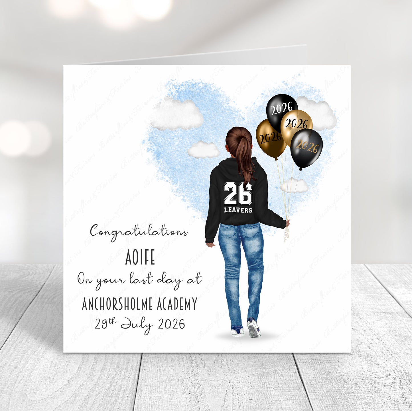 Personalised School Leaver Card 2026 – Girl with Black Leavers Hoodie | Last Day of School Card