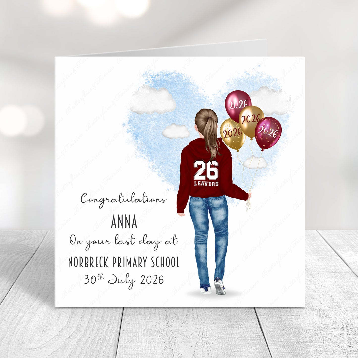Personalised School Leaver Card 2026 – Girl with Burgundy Leavers Hoodie | Last Day of School Card