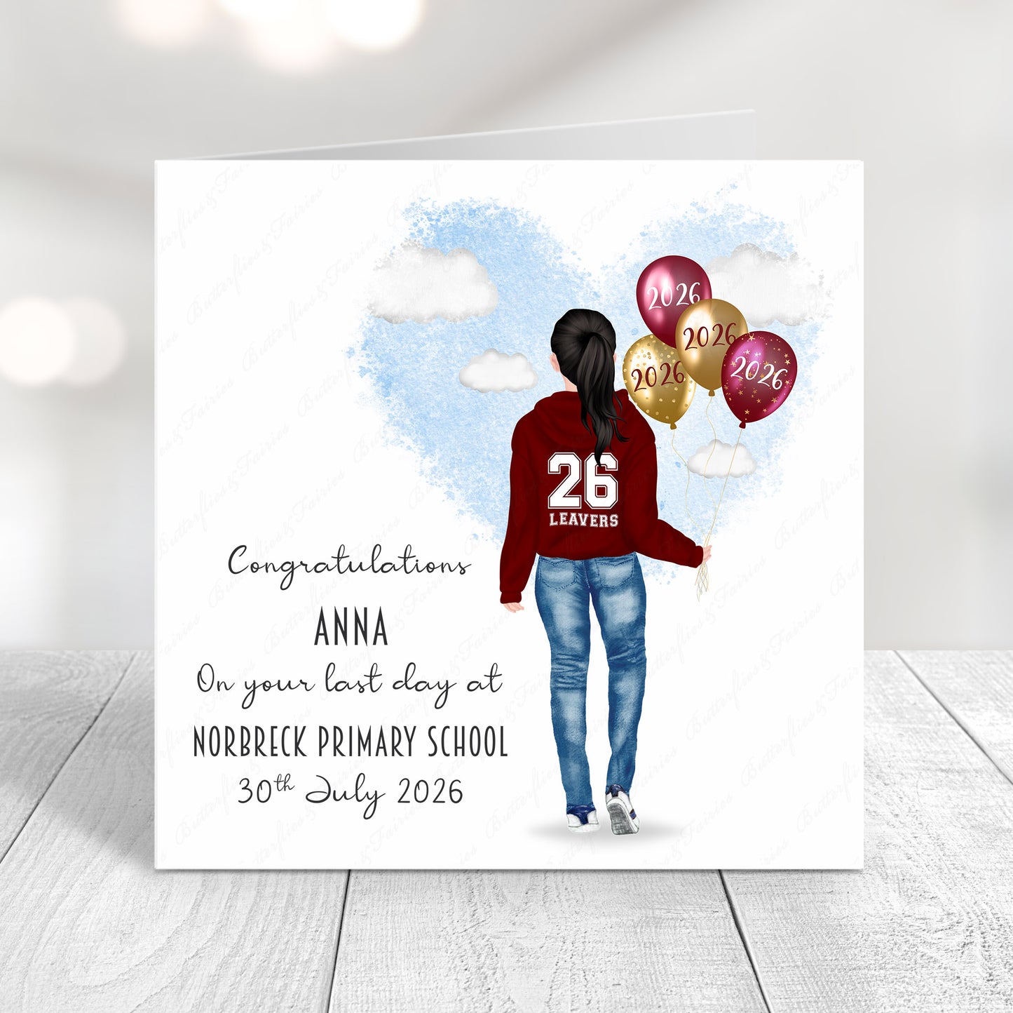 Personalised School Leaver Card 2026 – Girl with Burgundy Leavers Hoodie | Last Day of School Card
