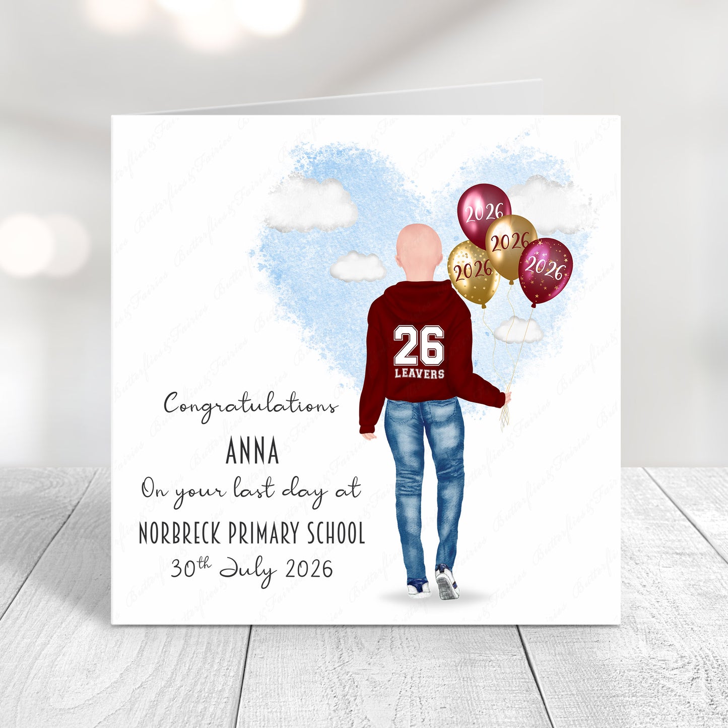 Personalised School Leaver Card 2026 – Girl with Burgundy Leavers Hoodie | Last Day of School Card