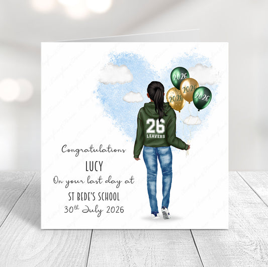 Personalised School Leaver Card 2026 – Girl with Green Leavers Hoodie | Last Day of School Card