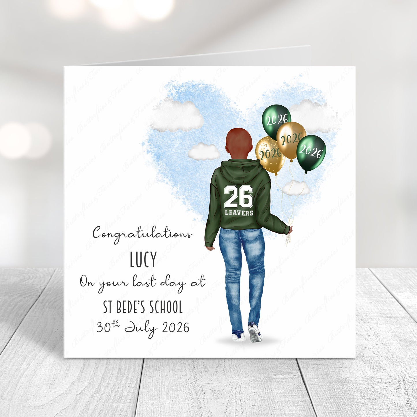 Personalised School Leaver Card 2026 – Girl with Green Leavers Hoodie | Last Day of School Card