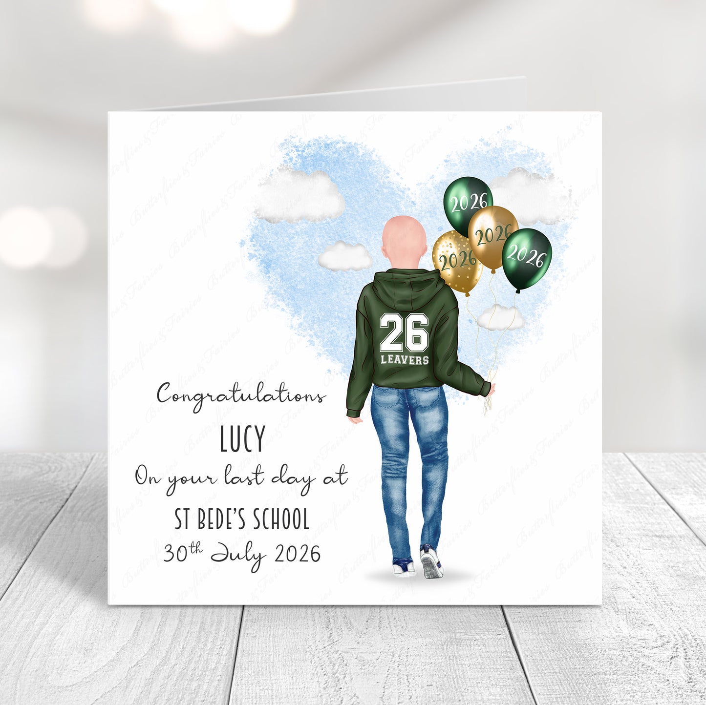 Personalised School Leaver Card 2026 – Girl with Green Leavers Hoodie | Last Day of School Card