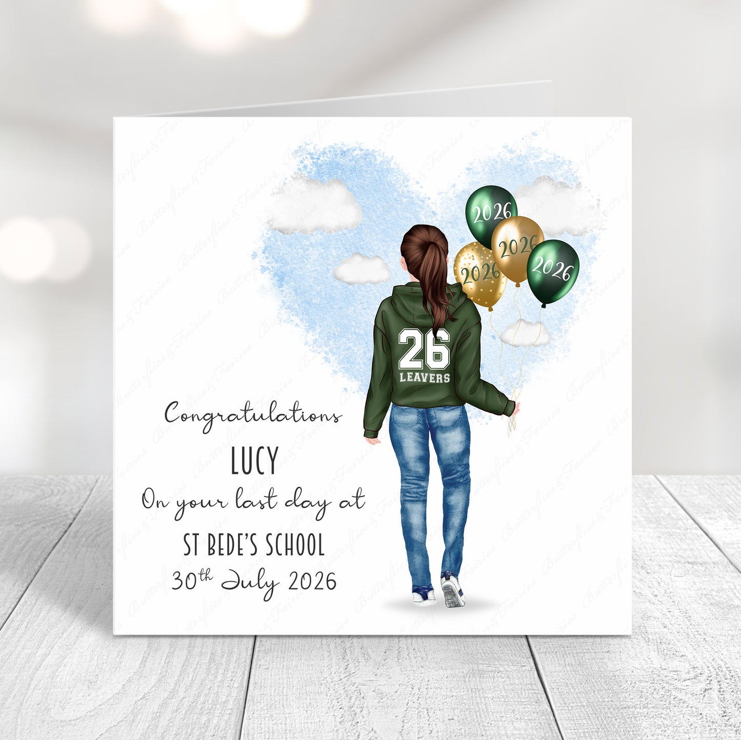Personalised School Leaver Card 2026 – Girl with Green Leavers Hoodie | Last Day of School Card