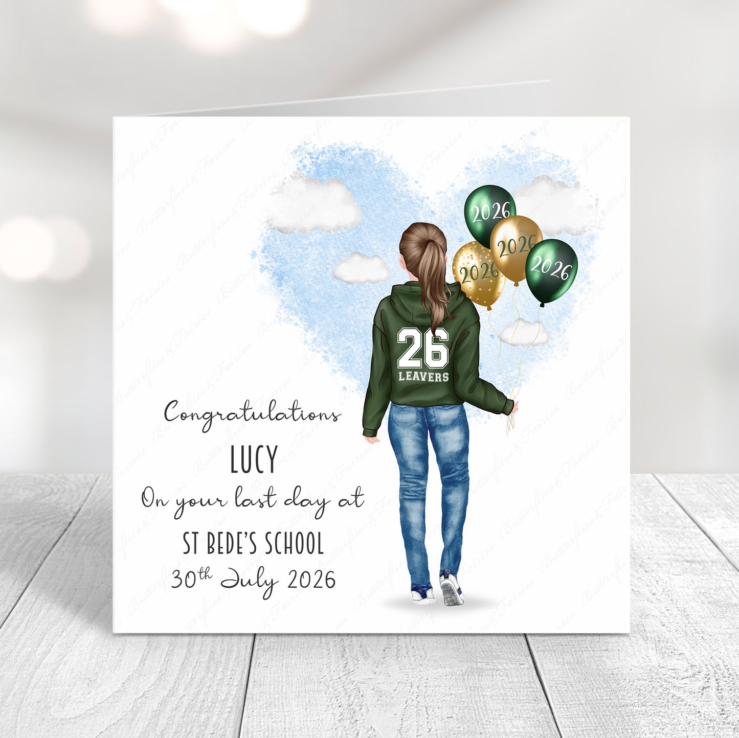 Personalised School Leaver Card 2026 – Girl with Green Leavers Hoodie | Last Day of School Card