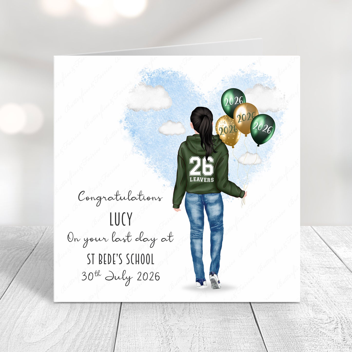 Personalised School Leaver Card 2026 – Girl with Green Leavers Hoodie | Last Day of School Card