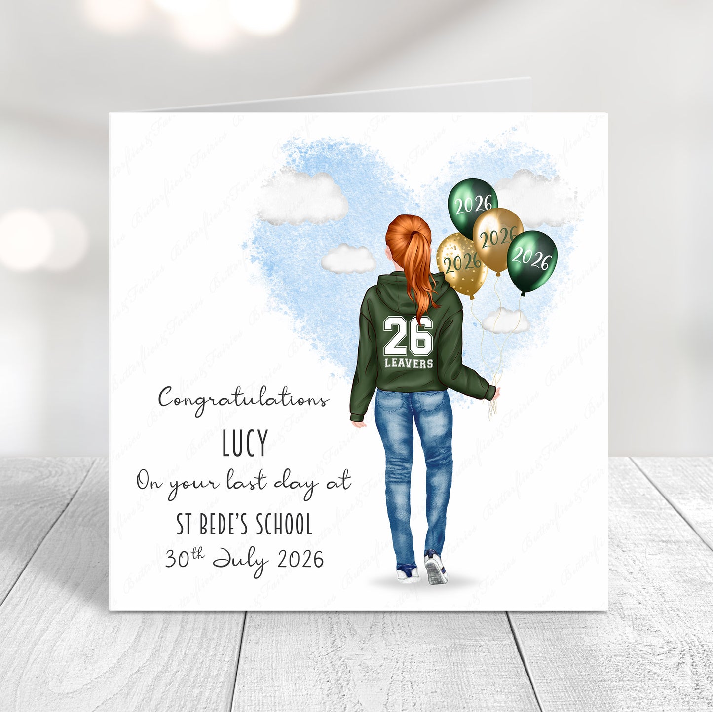 Personalised School Leaver Card 2026 – Girl with Green Leavers Hoodie | Last Day of School Card