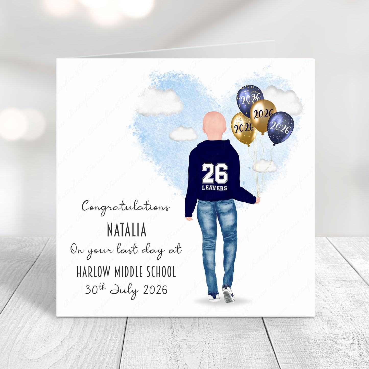 Personalised School Leaver Card 2026 – Girl with Navy Blue Leavers Hoodie | Last Day of School Card