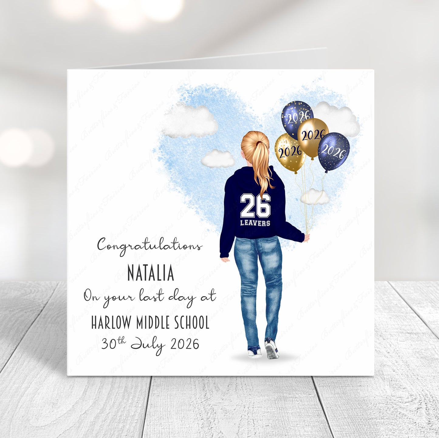 Personalised School Leaver Card 2026 – Girl with Navy Blue Leavers Hoodie | Last Day of School Card