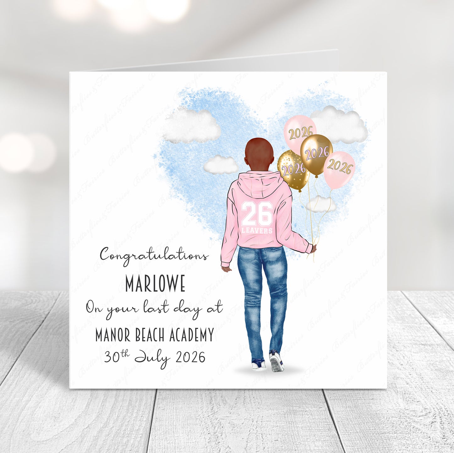 Personalised School Leaver Card 2026 – Girl with Baby Pink Leavers Hoodie | Last Day of School Card