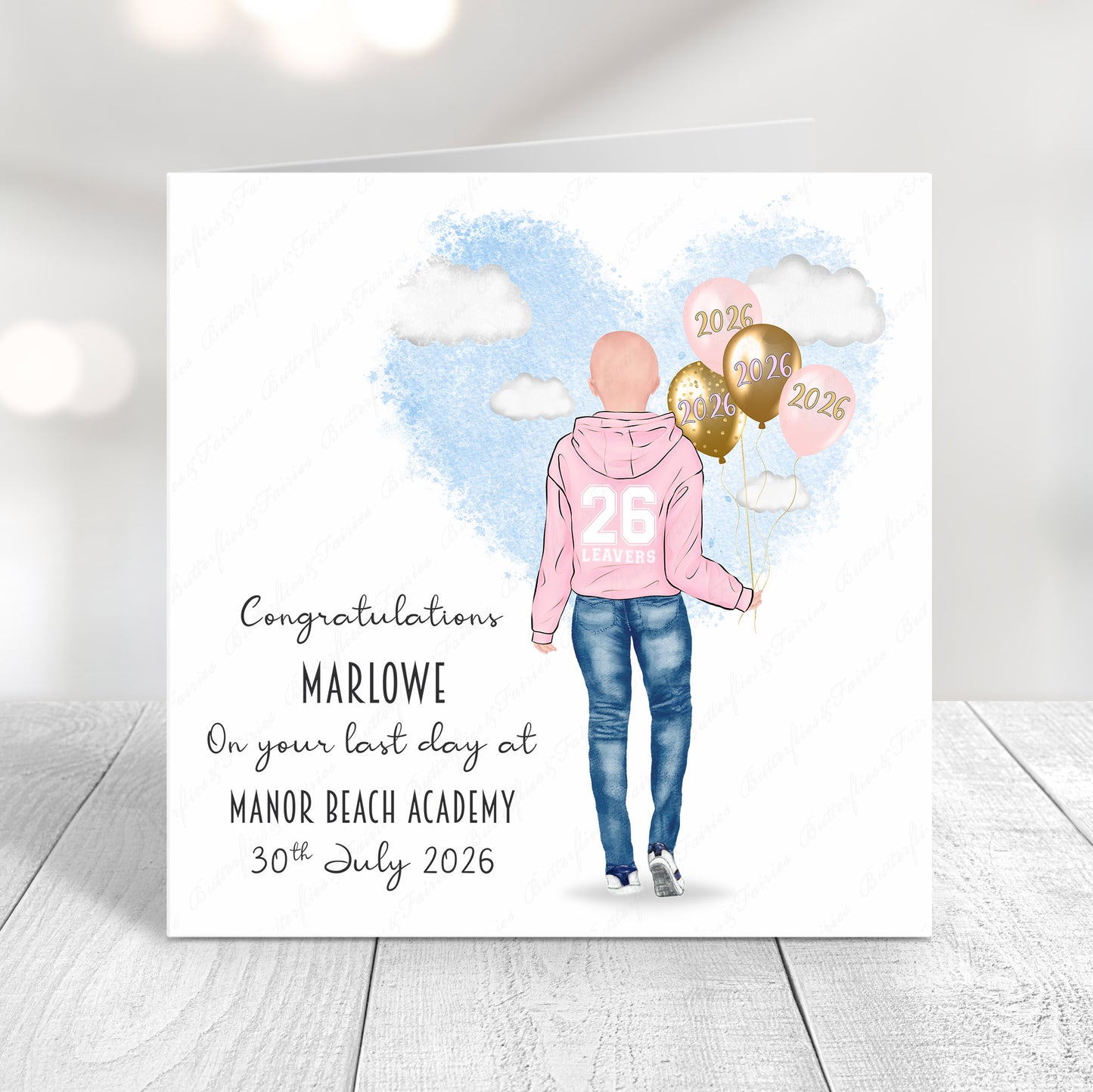 Personalised School Leaver Card 2026 – Girl with Baby Pink Leavers Hoodie | Last Day of School Card