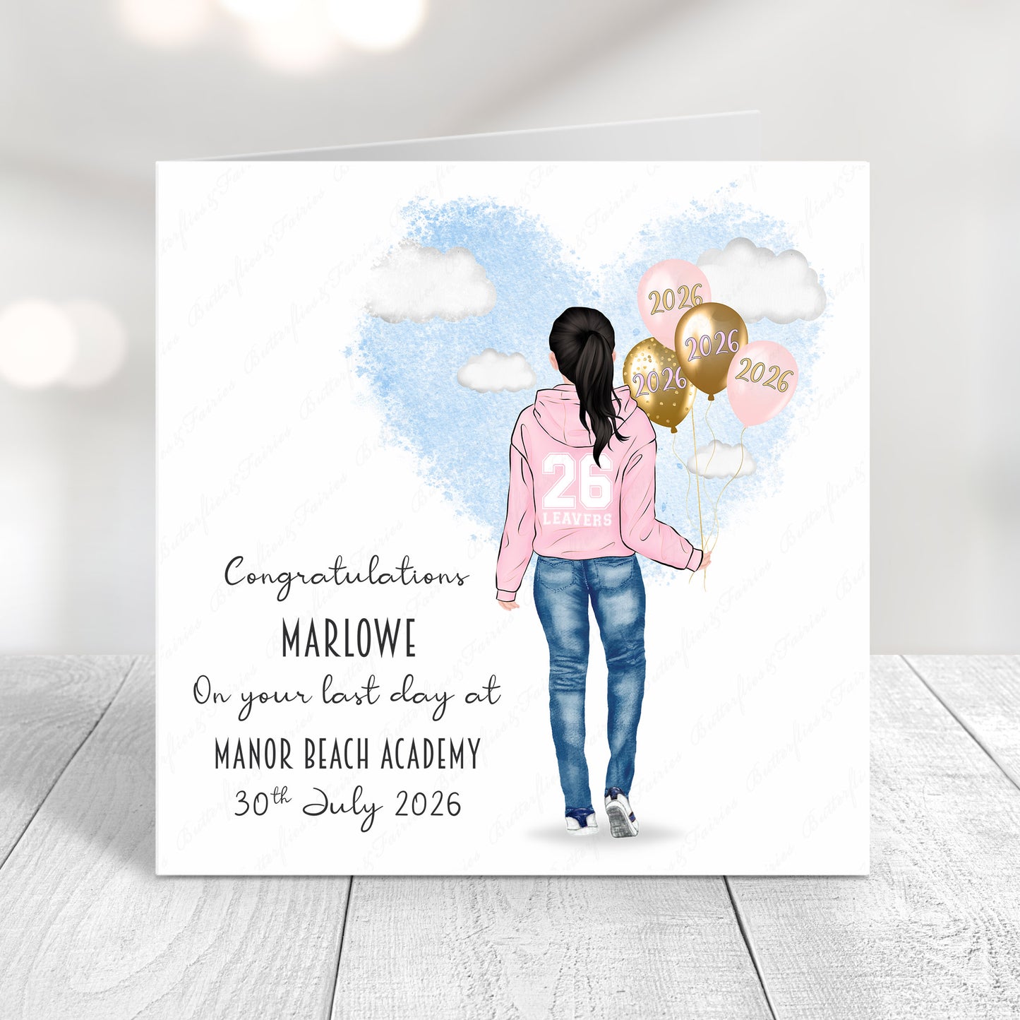 Personalised School Leaver Card 2026 – Girl with Baby Pink Leavers Hoodie | Last Day of School Card