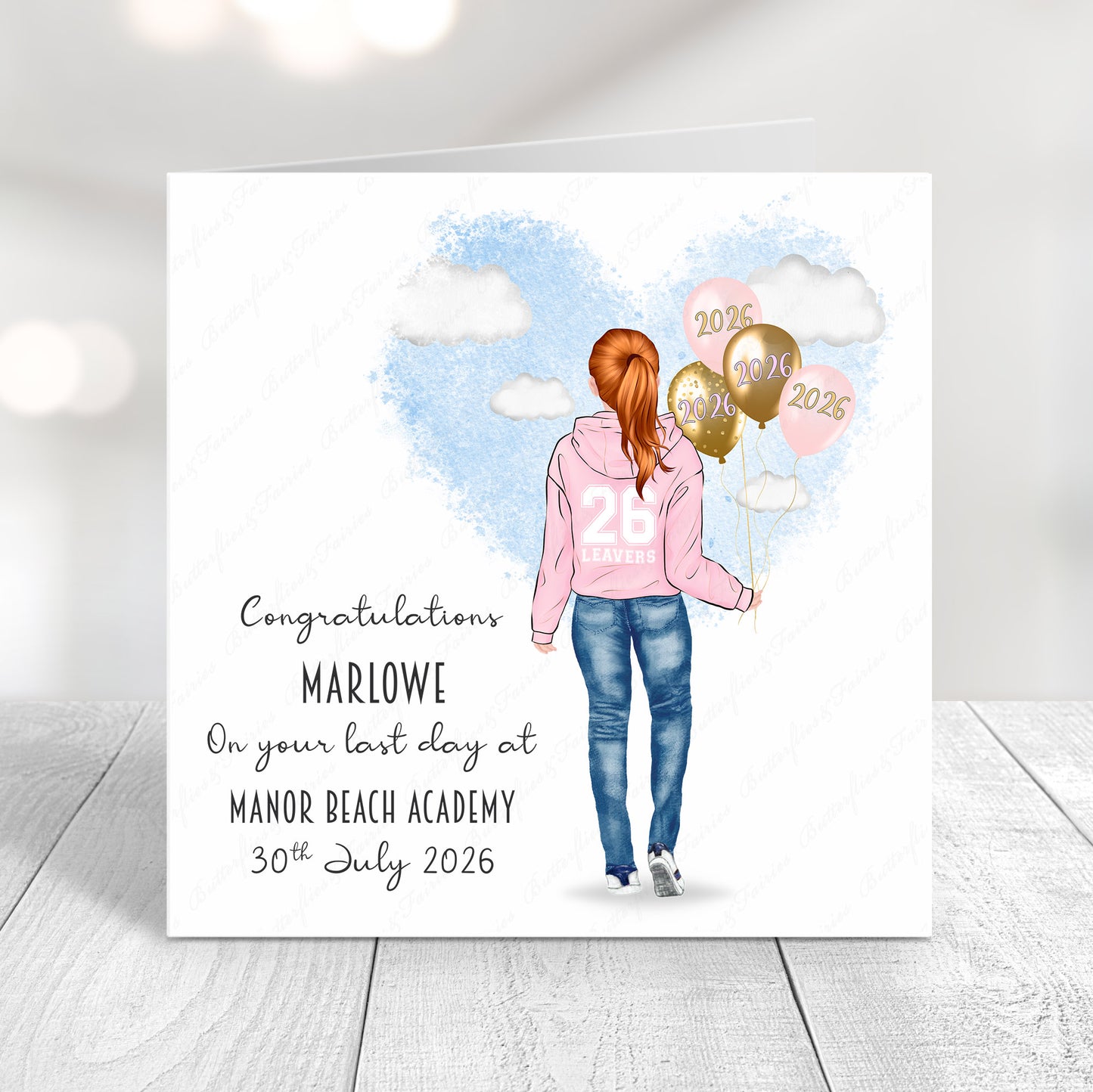 Personalised School Leaver Card 2026 – Girl with Baby Pink Leavers Hoodie | Last Day of School Card