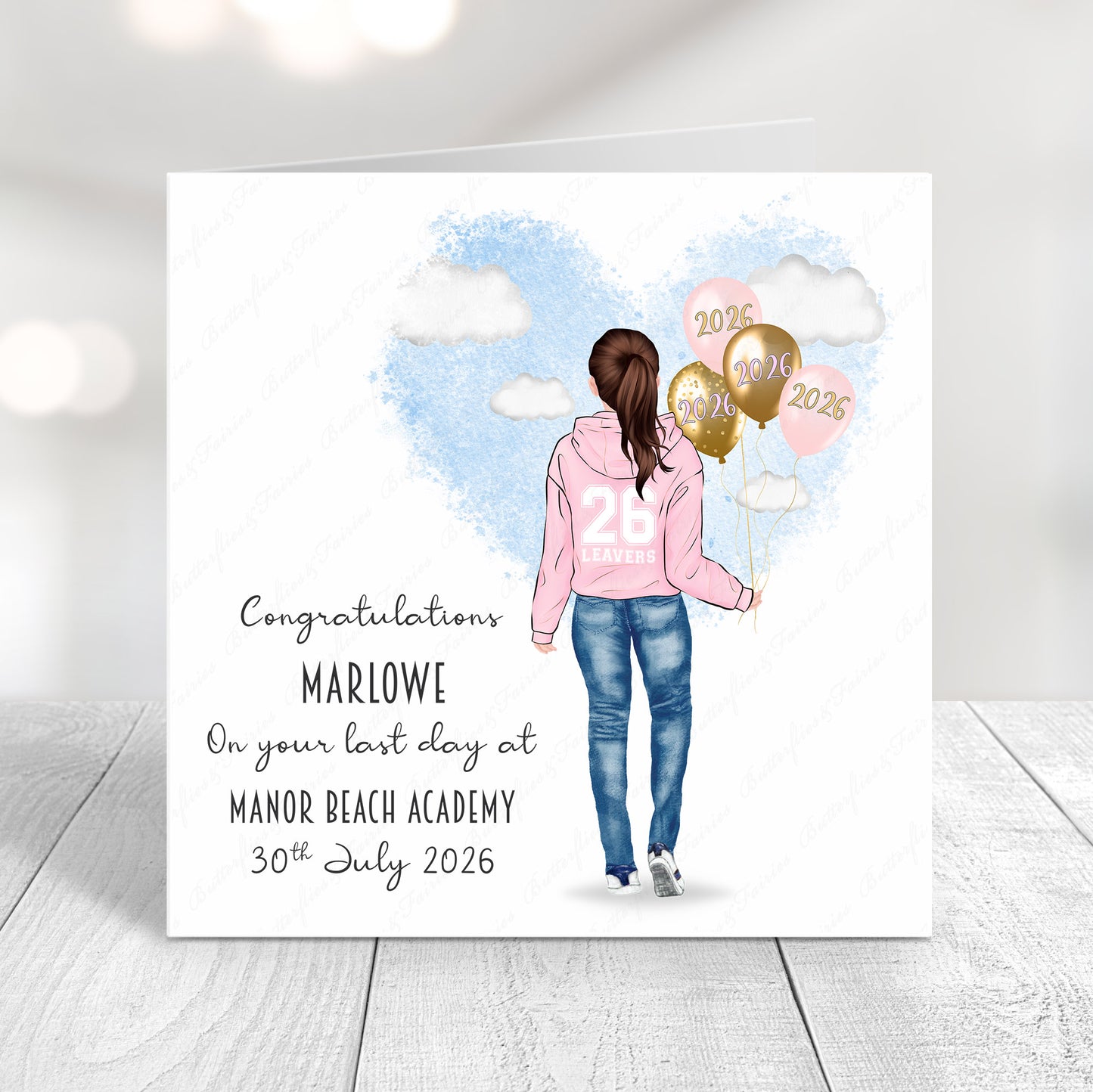 Personalised School Leaver Card 2026 – Girl with Baby Pink Leavers Hoodie | Last Day of School Card