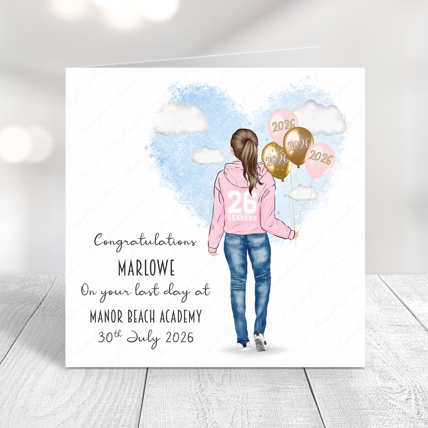 Personalised School Leaver Card 2026 – Girl with Baby Pink Leavers Hoodie | Last Day of School Card