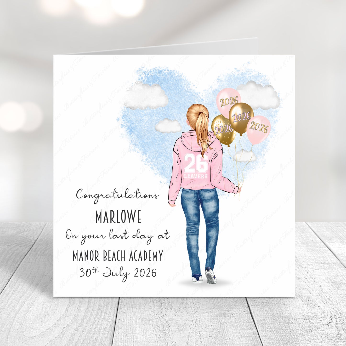Personalised School Leaver Card 2026 – Girl with Baby Pink Leavers Hoodie | Last Day of School Card