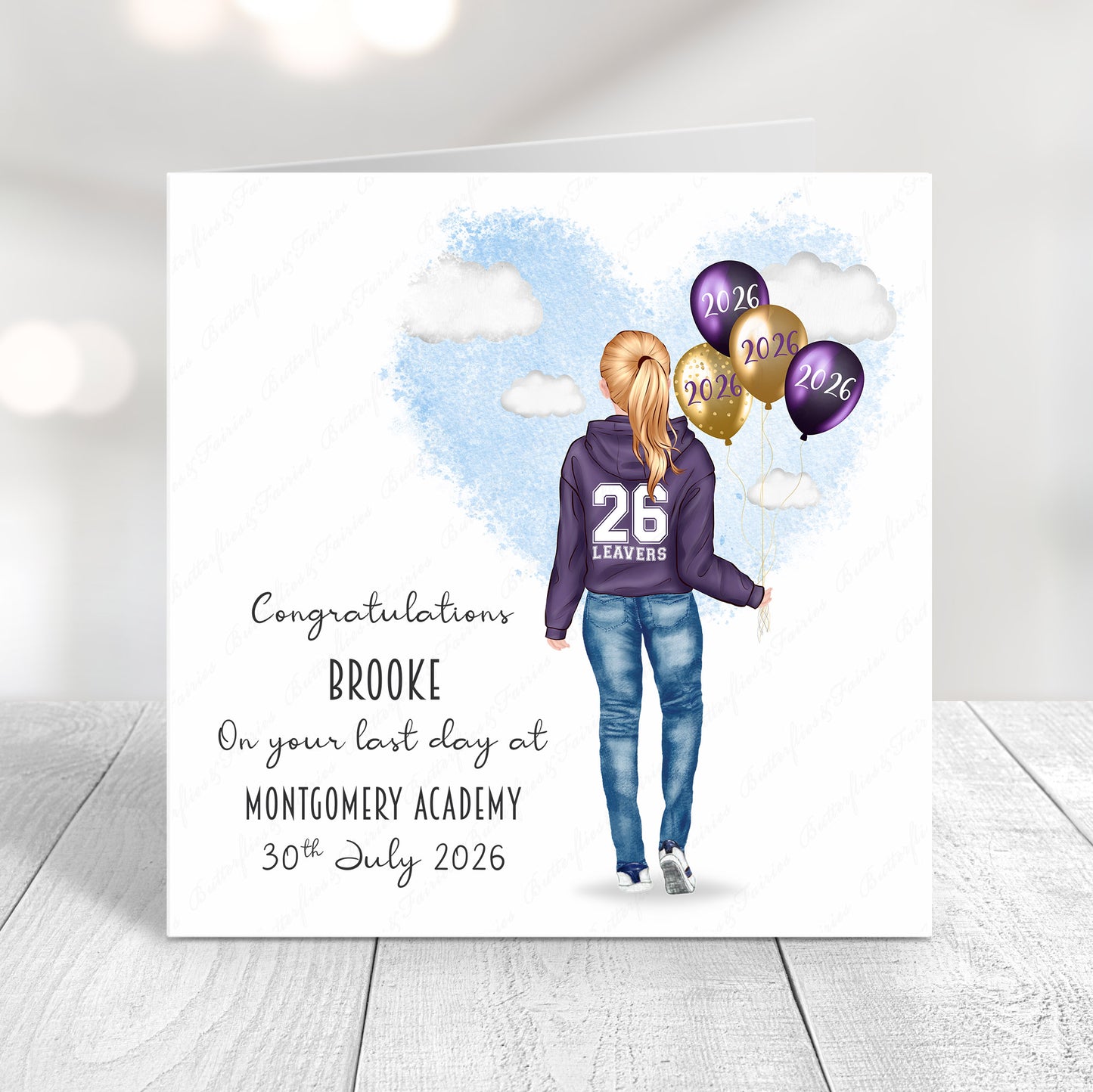 Personalised School Leaver Card 2026 – Girl with Purple Leavers Hoodie | Last Day of School Card