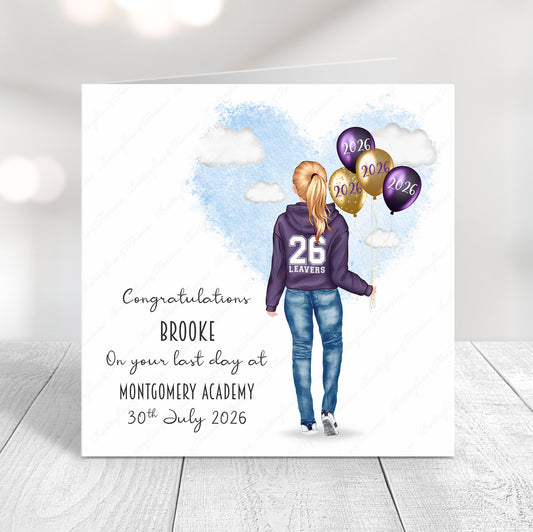 Personalised School Leaver Card 2026 – Girl with Purple Leavers Hoodie | Last Day of School Card