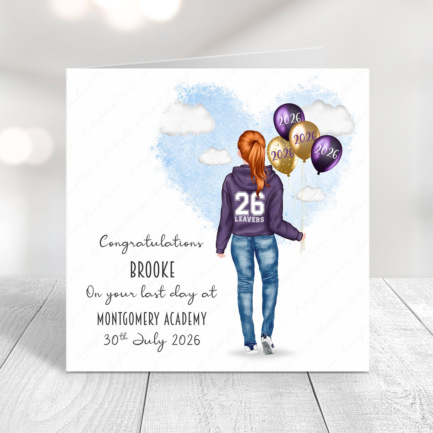 Personalised School Leaver Card 2026 – Girl with Purple Leavers Hoodie | Last Day of School Card