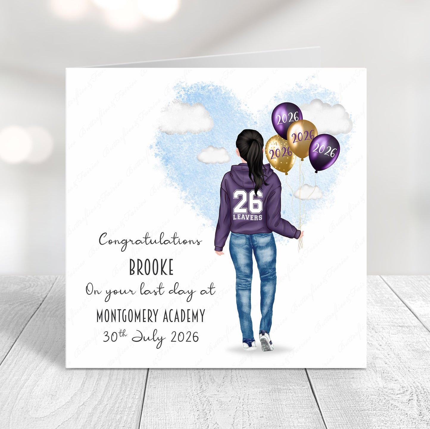 Personalised School Leaver Card 2026 – Girl with Purple Leavers Hoodie | Last Day of School Card