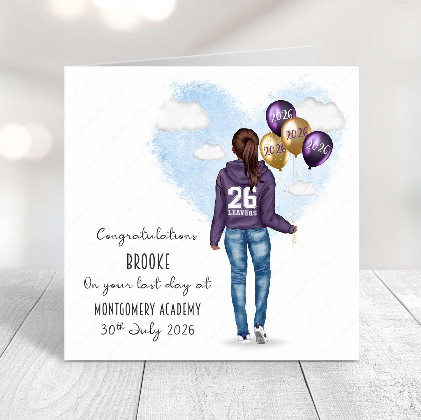 Personalised School Leaver Card 2026 – Girl with Purple Leavers Hoodie | Last Day of School Card