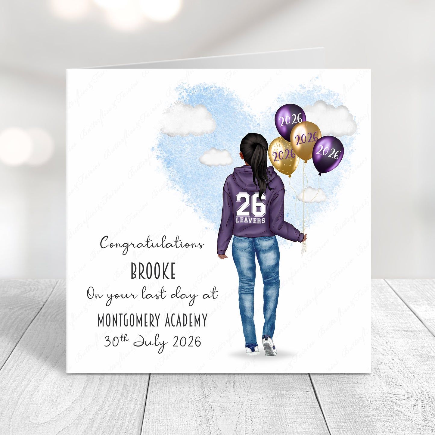 Personalised School Leaver Card 2026 – Girl with Purple Leavers Hoodie | Last Day of School Card
