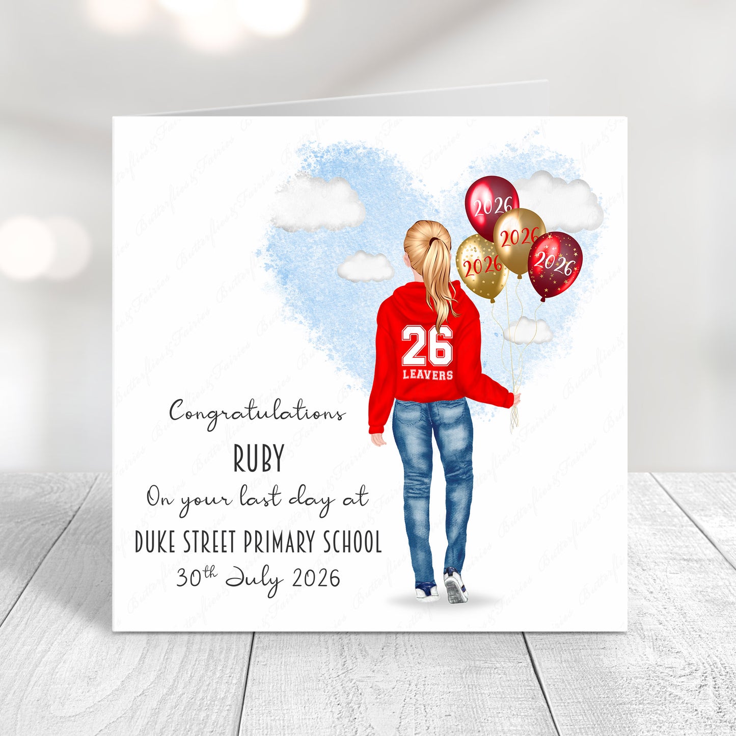 Personalised School Leaver Card 2026 – Girl with Red Leavers Hoodie | Last Day of School Card