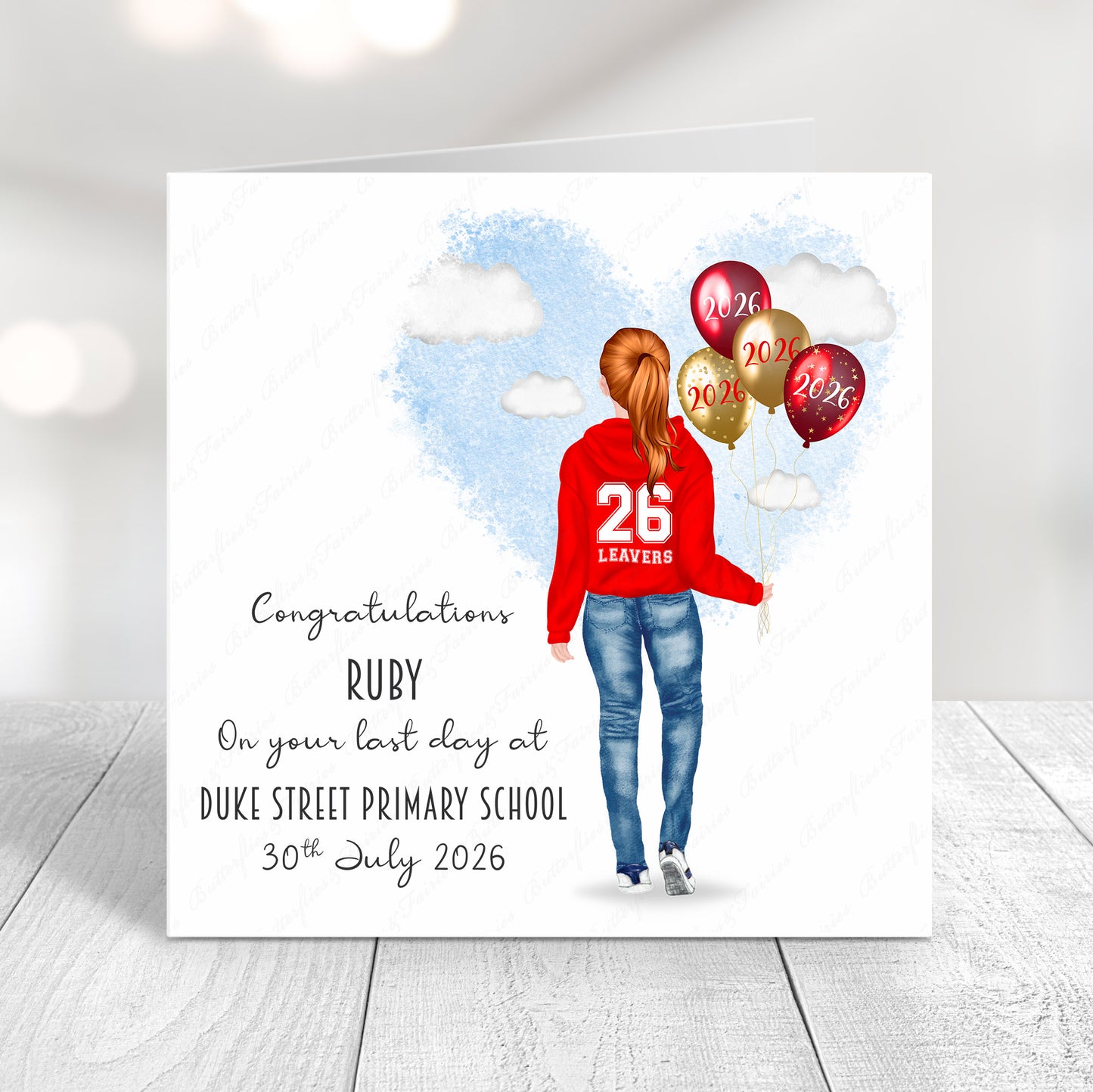 Personalised School Leaver Card 2026 – Girl with Red Leavers Hoodie | Last Day of School Card