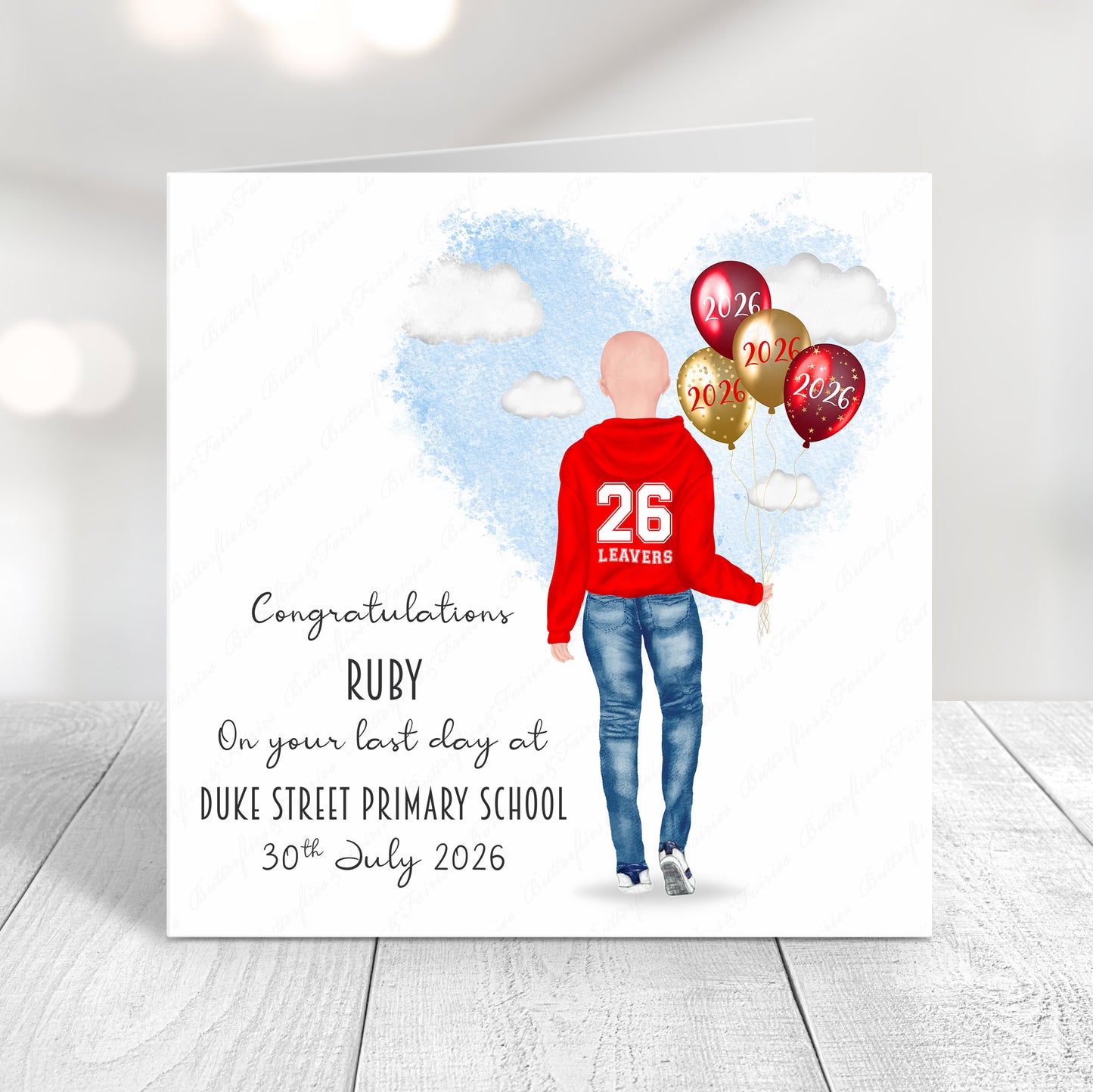 Personalised School Leaver Card 2026 – Girl with Red Leavers Hoodie | Last Day of School Card