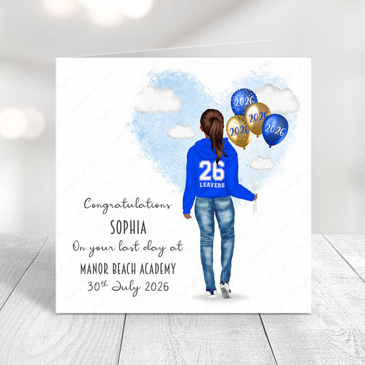 Personalised School Leaver Card 2026 – Girl with Royal Blue Leavers Hoodie | Last Day of School Card