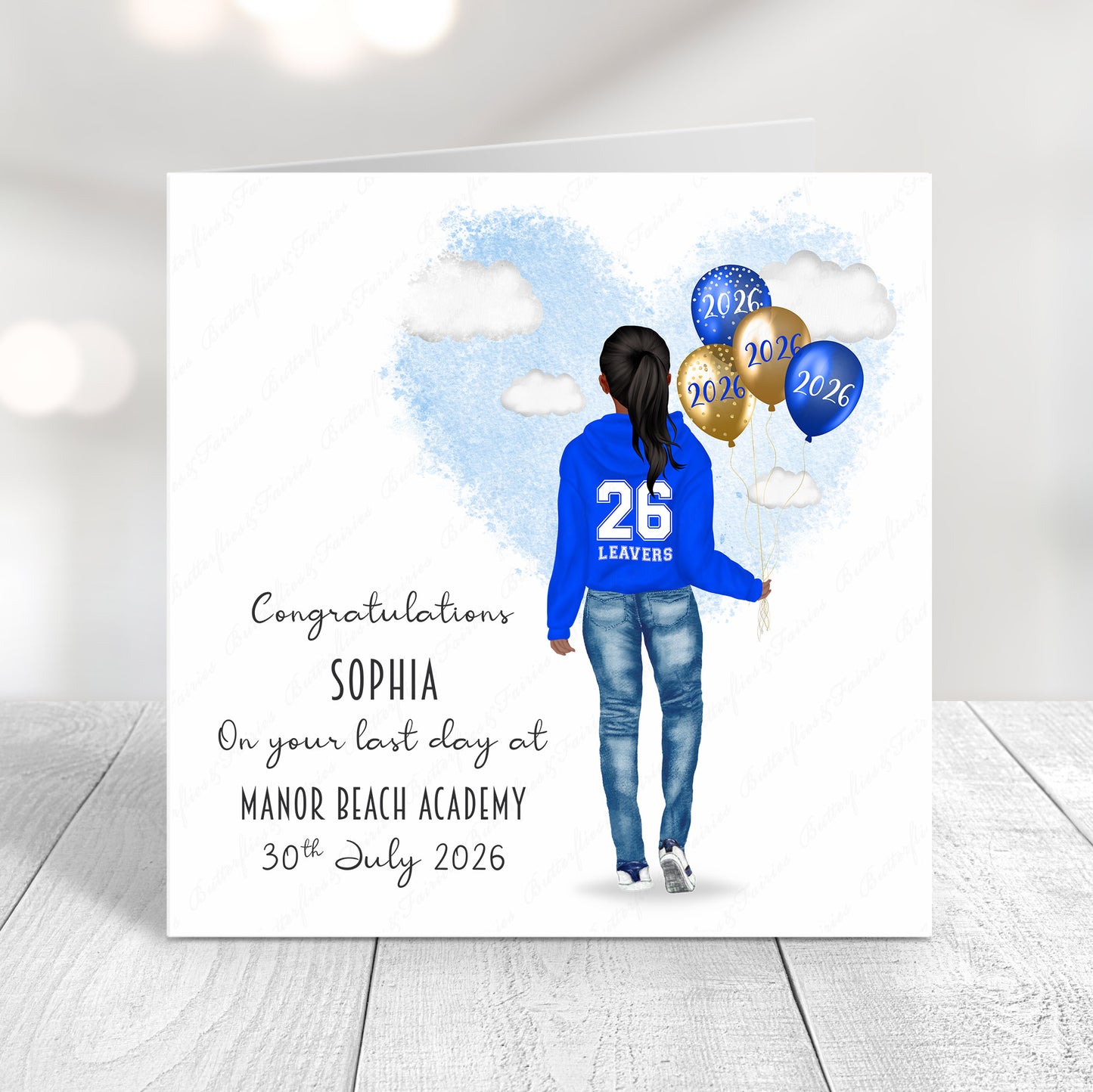 Personalised School Leaver Card 2026 – Girl with Royal Blue Leavers Hoodie | Last Day of School Card