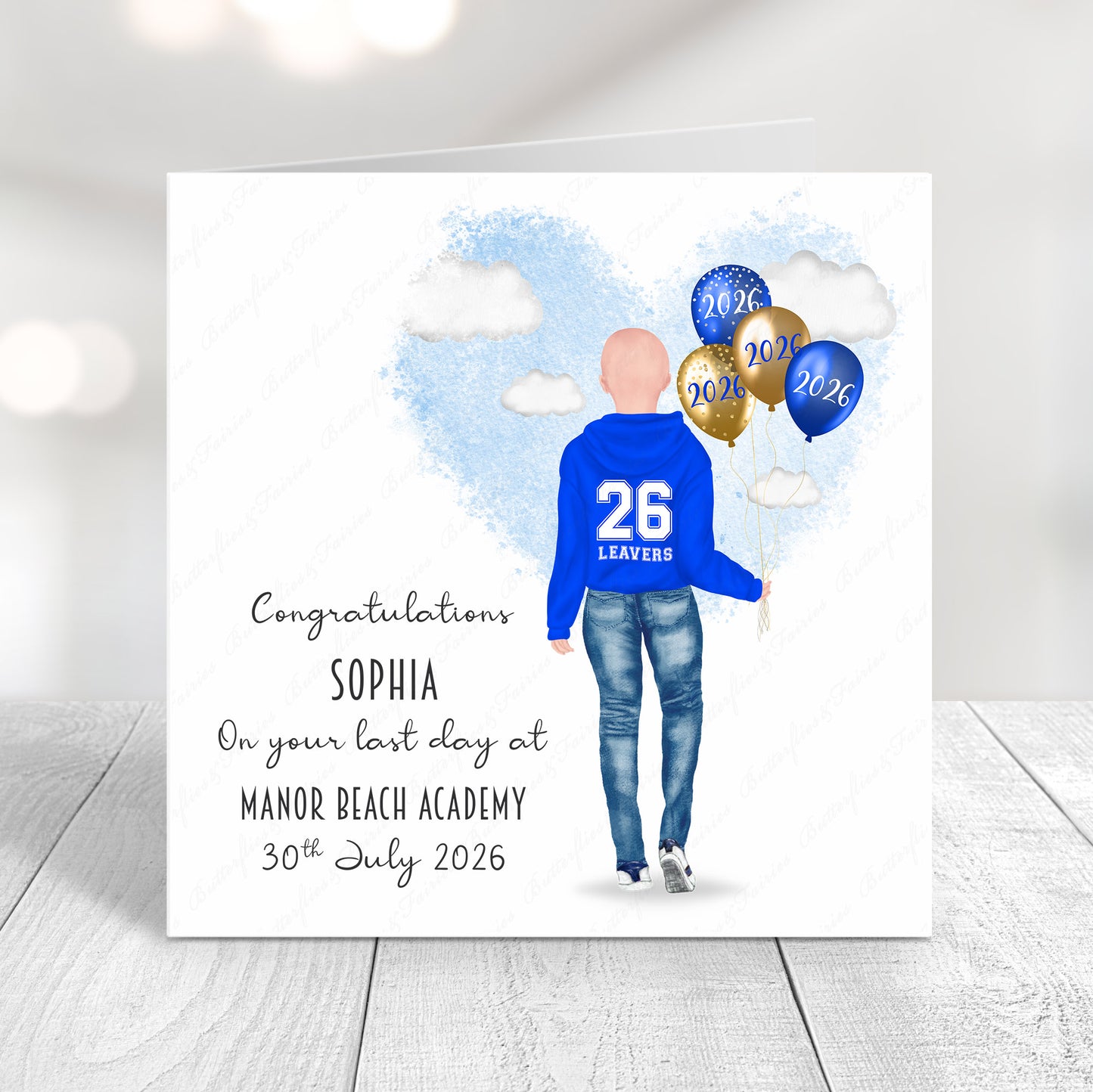 Personalised School Leaver Card 2026 – Girl with Royal Blue Leavers Hoodie | Last Day of School Card