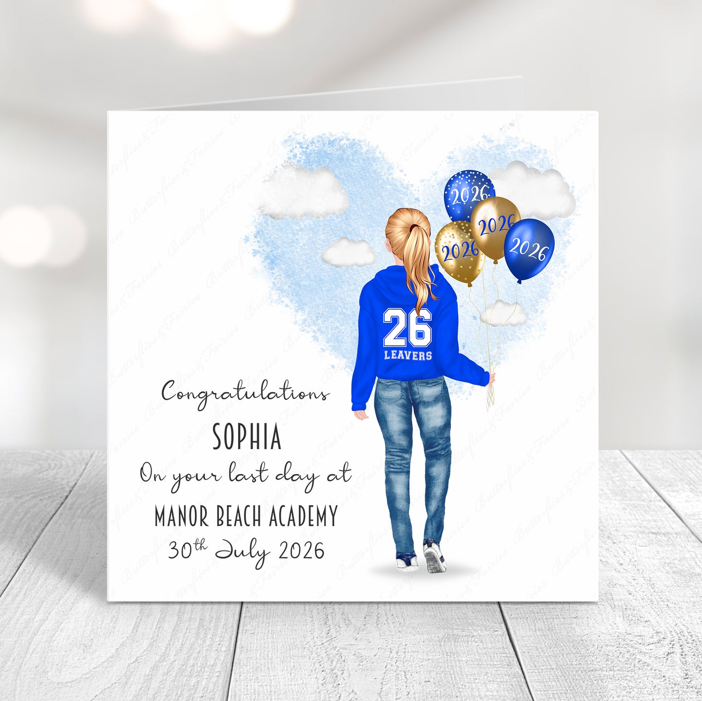 Personalised School Leaver Card 2026 – Girl with Royal Blue Leavers Hoodie | Last Day of School Card