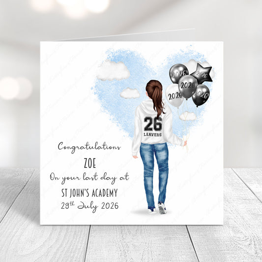 Personalised School Leaver Card 2026 – Girl with White Leavers Hoodie | Last Day of School Card