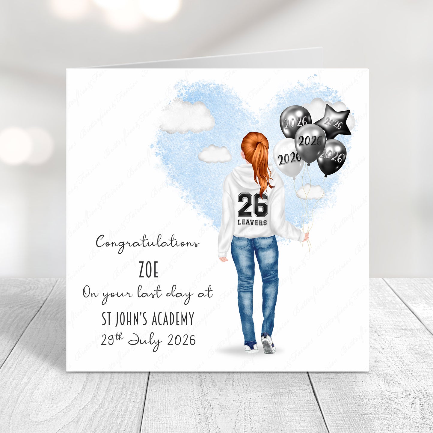 Personalised School Leaver Card 2026 – Girl with White Leavers Hoodie | Last Day of School Card