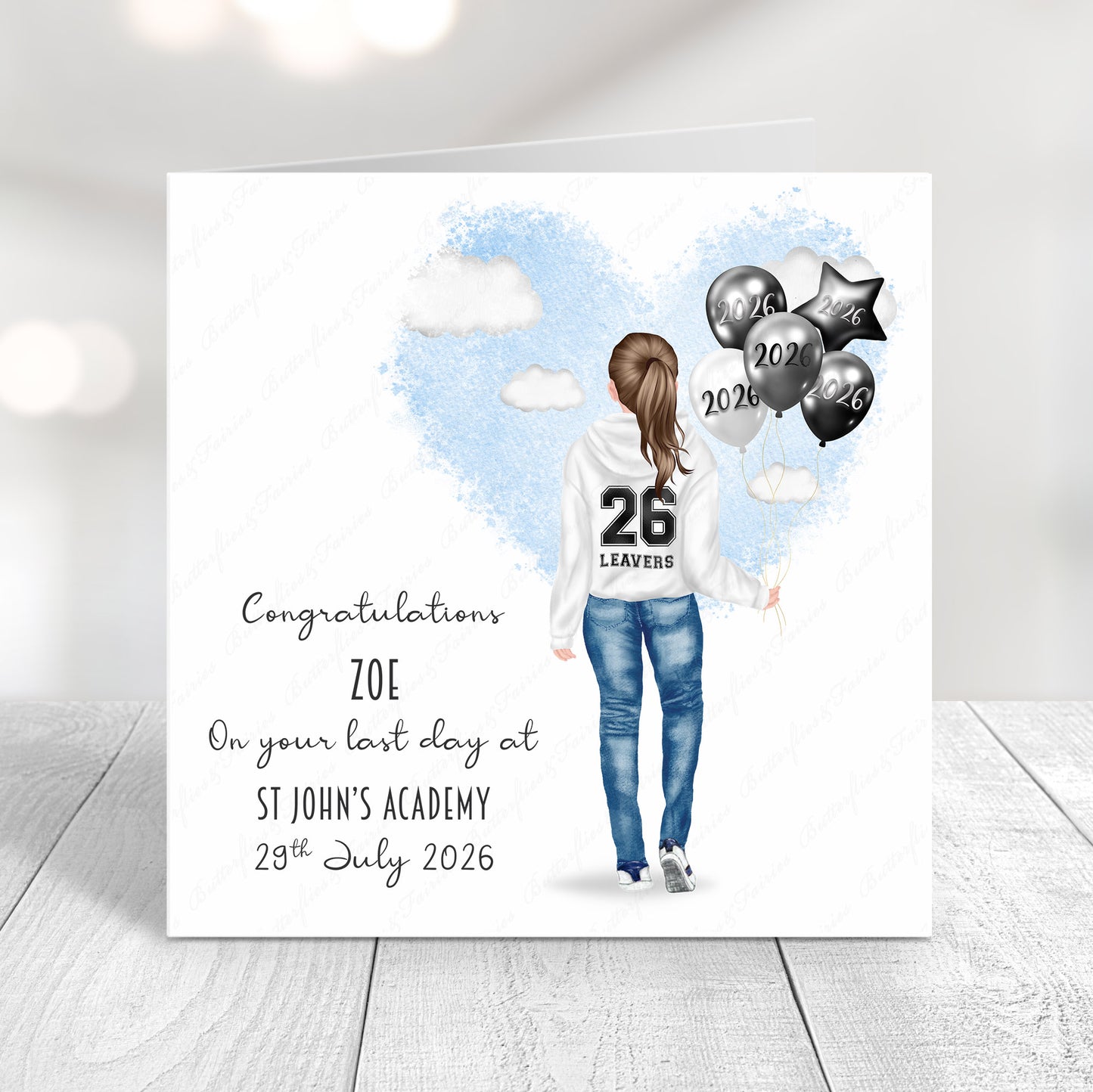 Personalised School Leaver Card 2026 – Girl with White Leavers Hoodie | Last Day of School Card