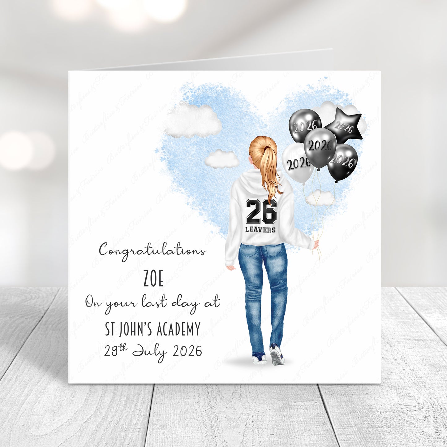 Personalised School Leaver Card 2026 – Girl with White Leavers Hoodie | Last Day of School Card
