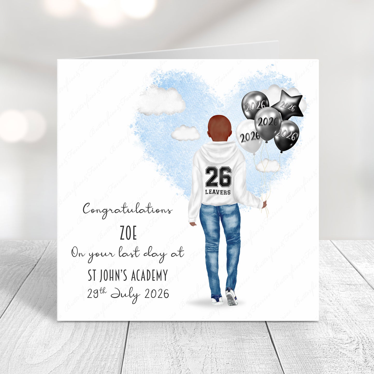 Personalised School Leaver Card 2026 – Girl with White Leavers Hoodie | Last Day of School Card