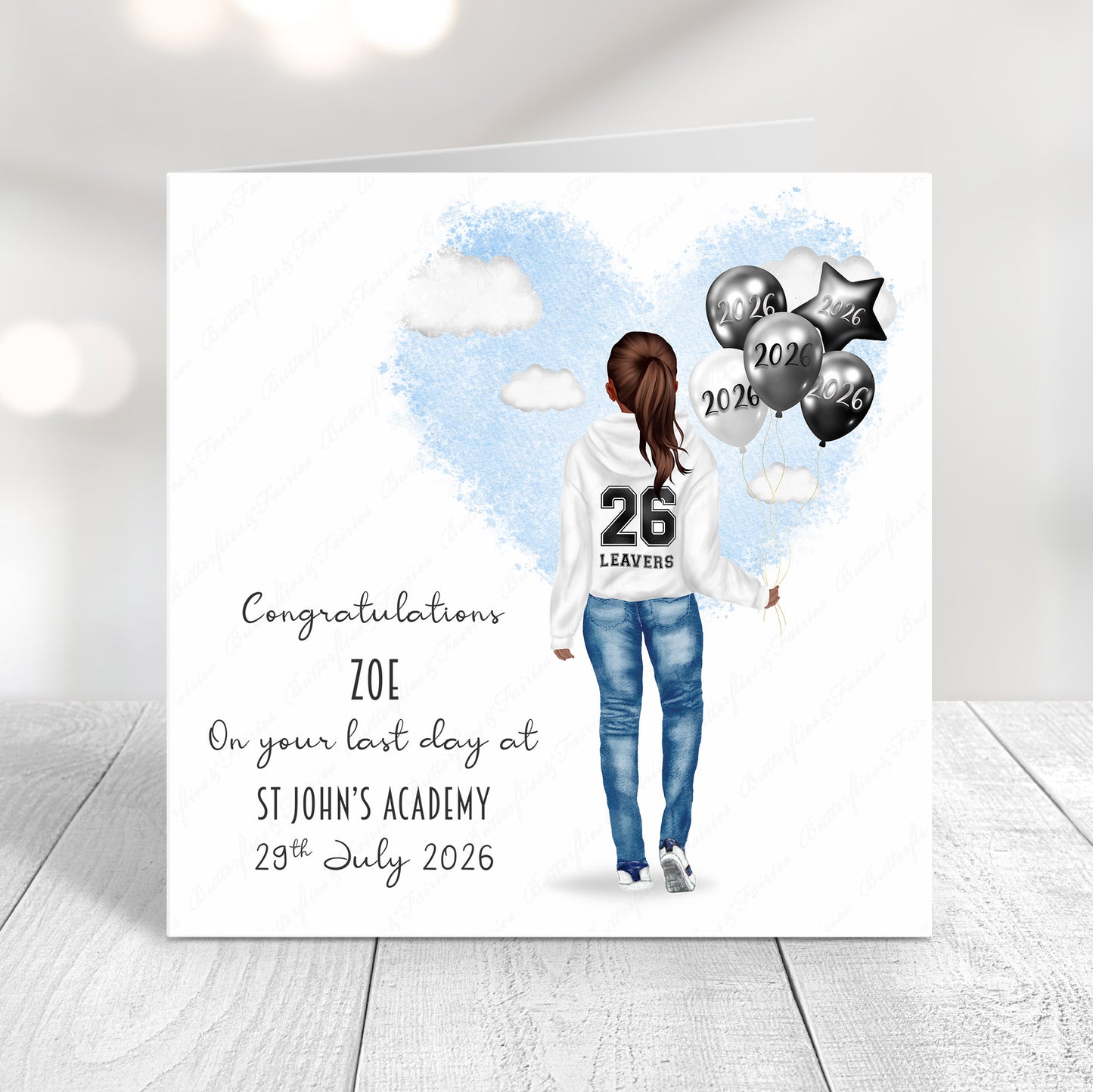 Personalised School Leaver Card 2026 – Girl with White Leavers Hoodie | Last Day of School Card