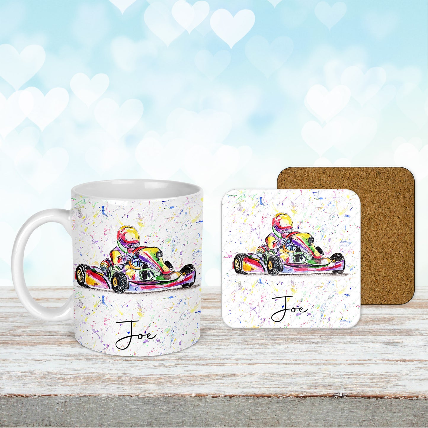 Personalised Watercolour Go Kart Mug and Coaster Set