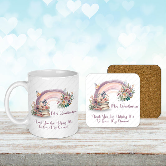 Personalised Rainbow Thank You Mug & Coaster Set for a Teacher