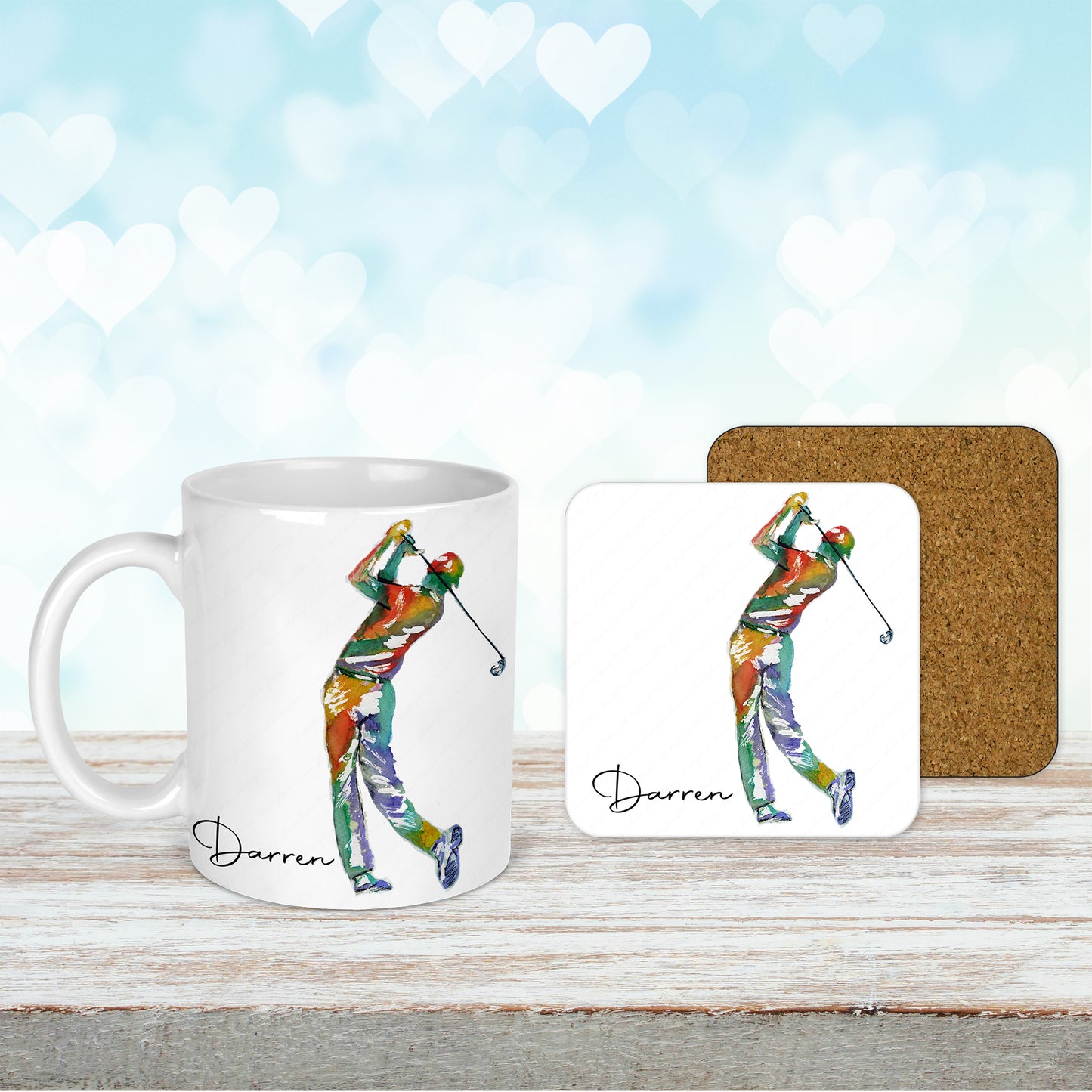 Personalised Watercolour Golf Mug and Coaster Set