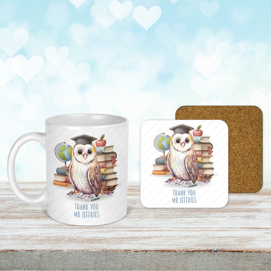 Personalised Owl Thank You Mug & Coaster Set for a Male Teacher