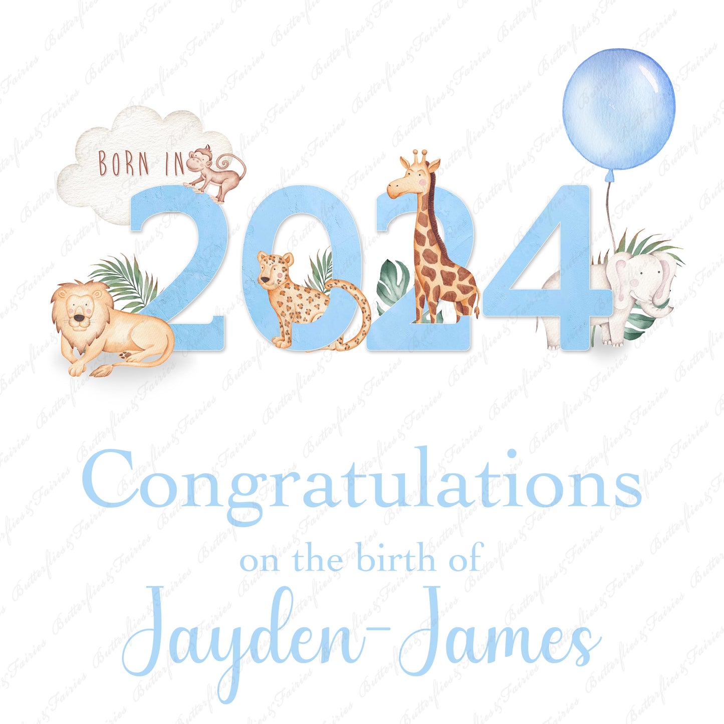 Personalised Blue New Baby Girl or Boy Birth Card - Born in 2024 Zoo Animals New Baby Card