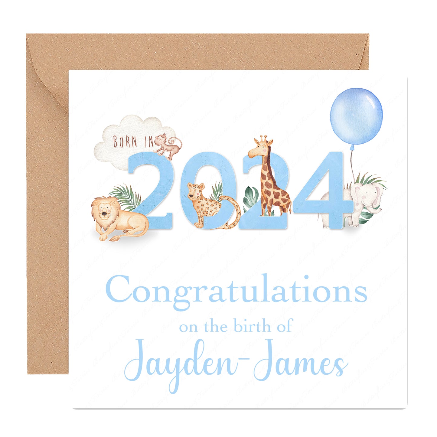 Personalised Blue New Baby Girl or Boy Birth Card - Born in 2024 Zoo Animals New Baby Card